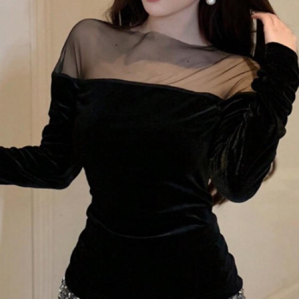 Mesh velvet contrast long sleeve black top - Picture 3 of 5